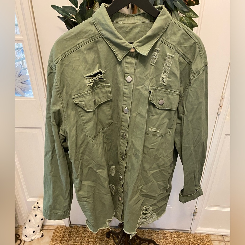 Army Style Distressed Olive Green Longline Lightweight Jacket 1X 2X 3X